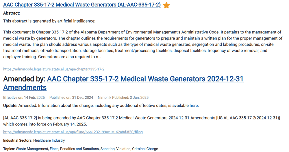 Summary view of recent amendments to regulations within the Nimonik platform, highlighting key changes.